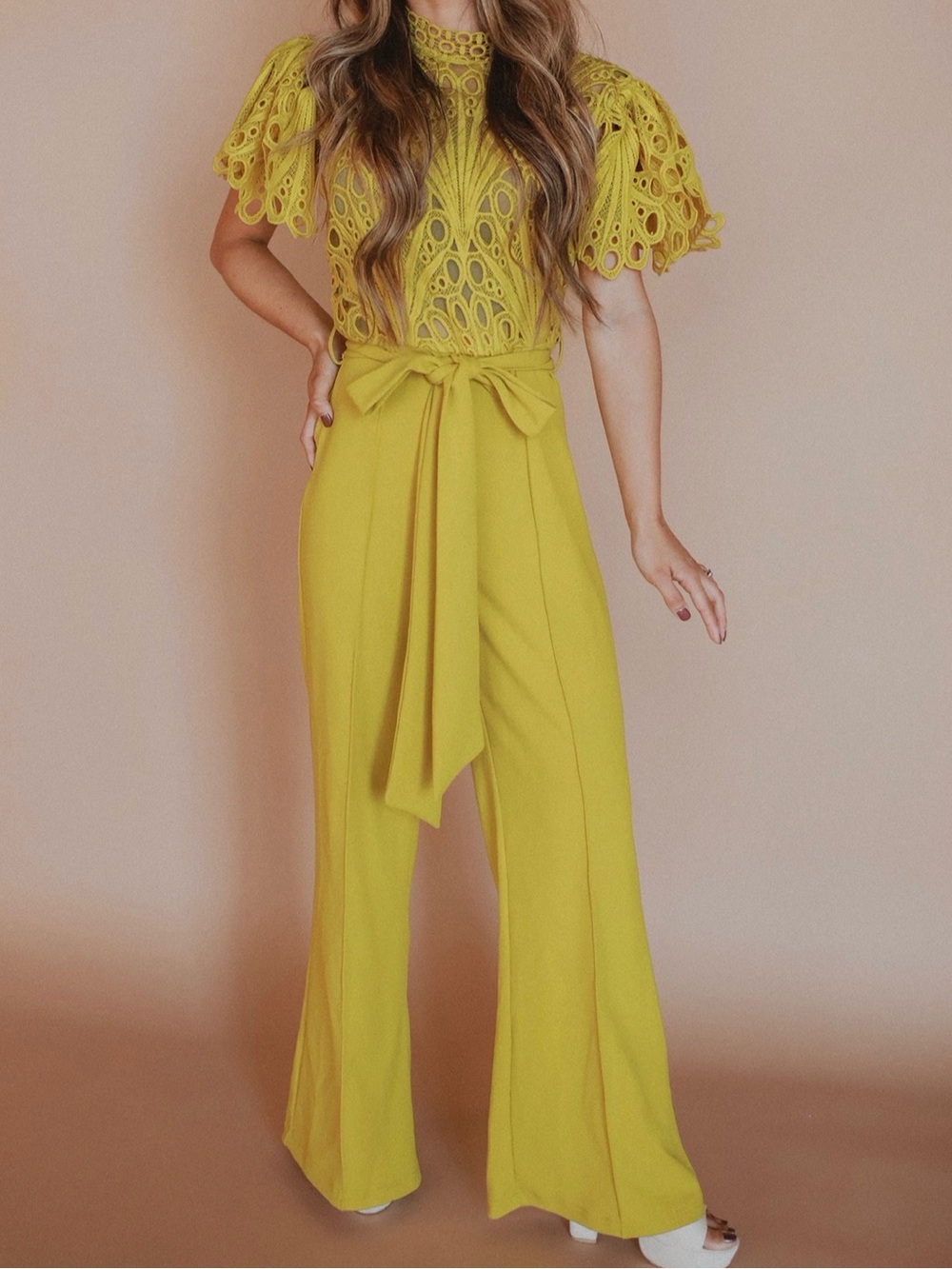 Lace-Detail Mustard Yellow Green Jumpsuit with Waist Tie